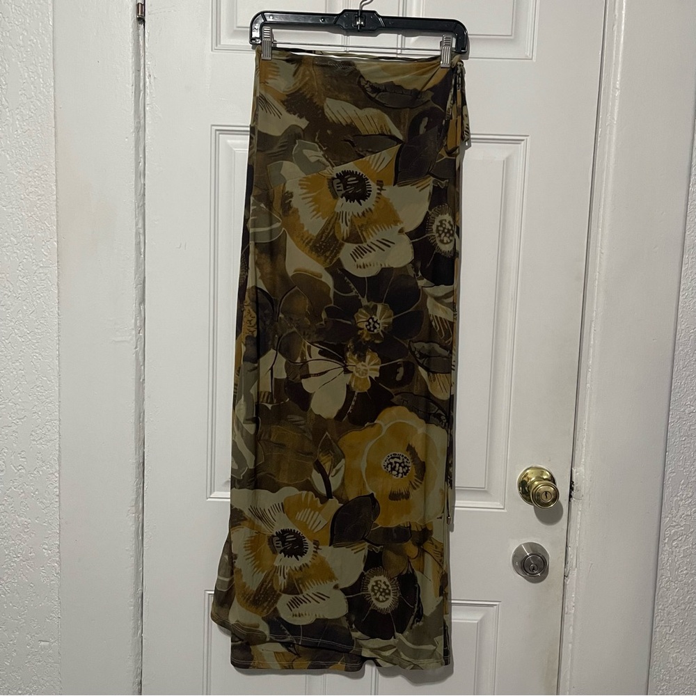 Free People Olive Green Floral Mesh Maxi Skirt with Side Slit - Picture 4 of 10